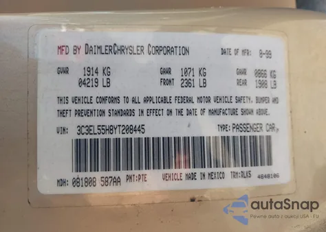 2000 Chrysler Sebring Jxi z USA, uszkodzony, nr VIN 3C3EL55H8YT208445